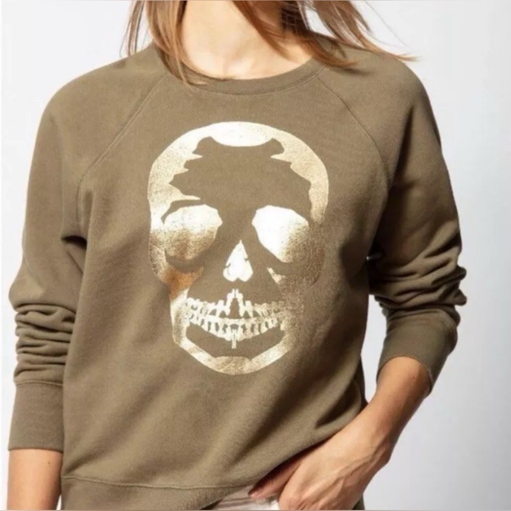 ZADIG & VOLTAIRE S Olive Goth Upper Skull Metallic Gold Foil Crewneck Sweatshirt